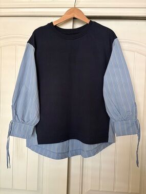 Women’s Layered Sweatshirt Combo Top Balloon Sleeve Blue Striped